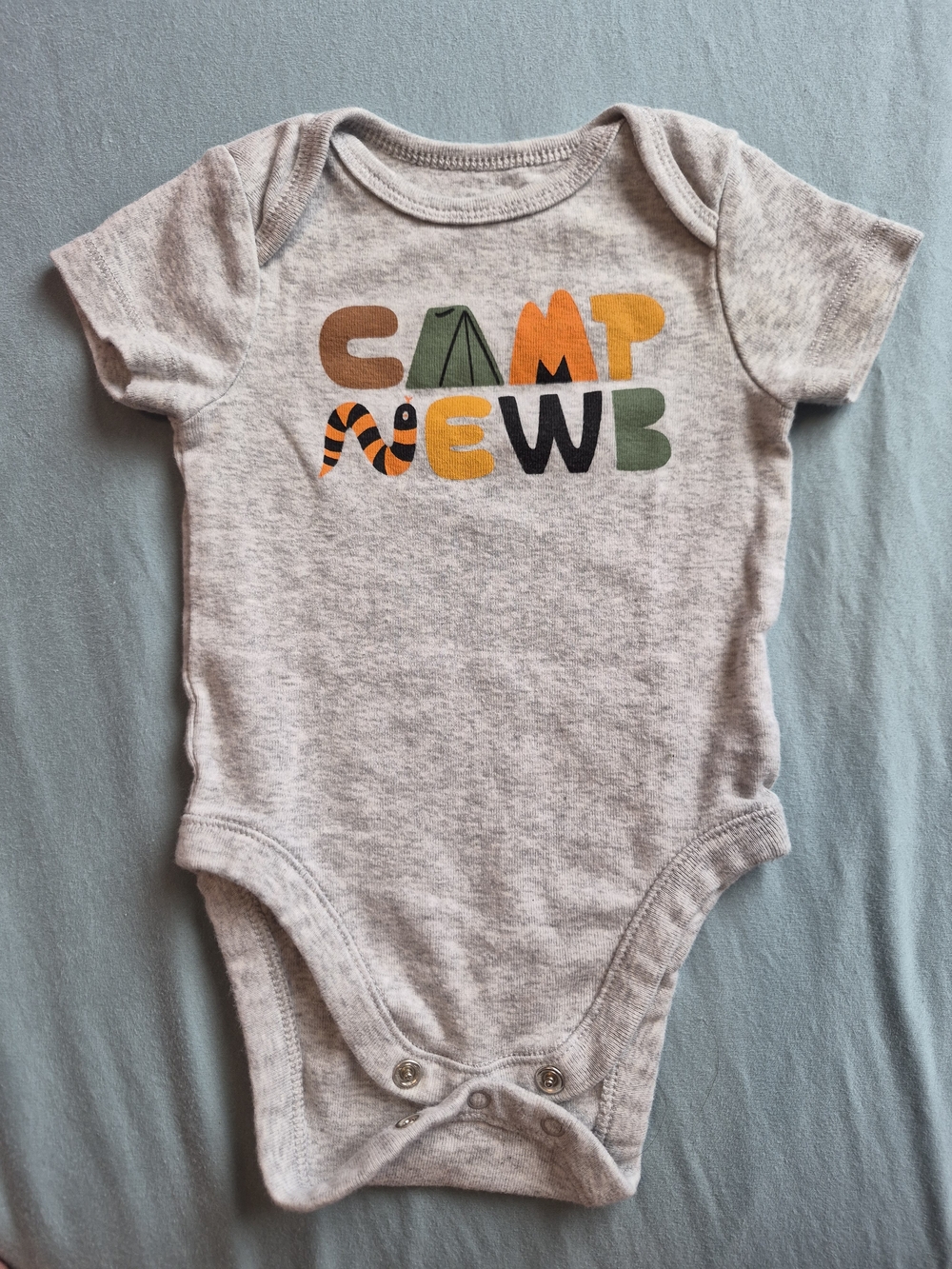 Old Navy Gray 'Camp Newb' Graphic Baby Bodysuit with Orange and Green Accents
